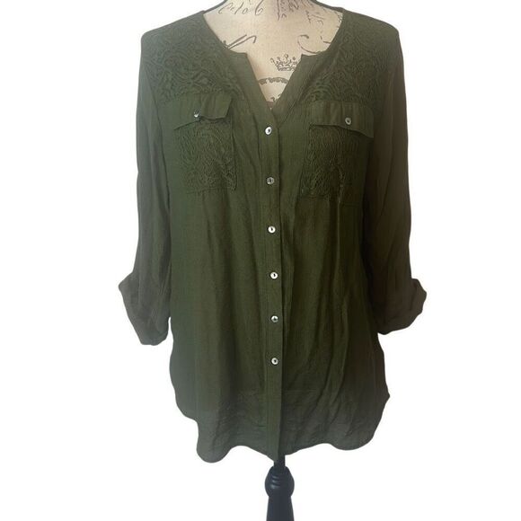 Notations Green button up lace embellishments fold sleeve Blouse L - Picture 1 of 6